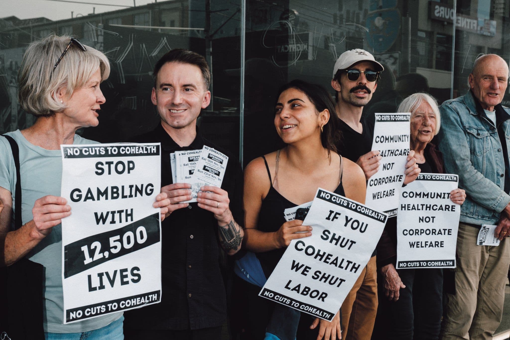 Victorian Socialists members on a picket line during protests against the closure of the cohealth community health clinics
