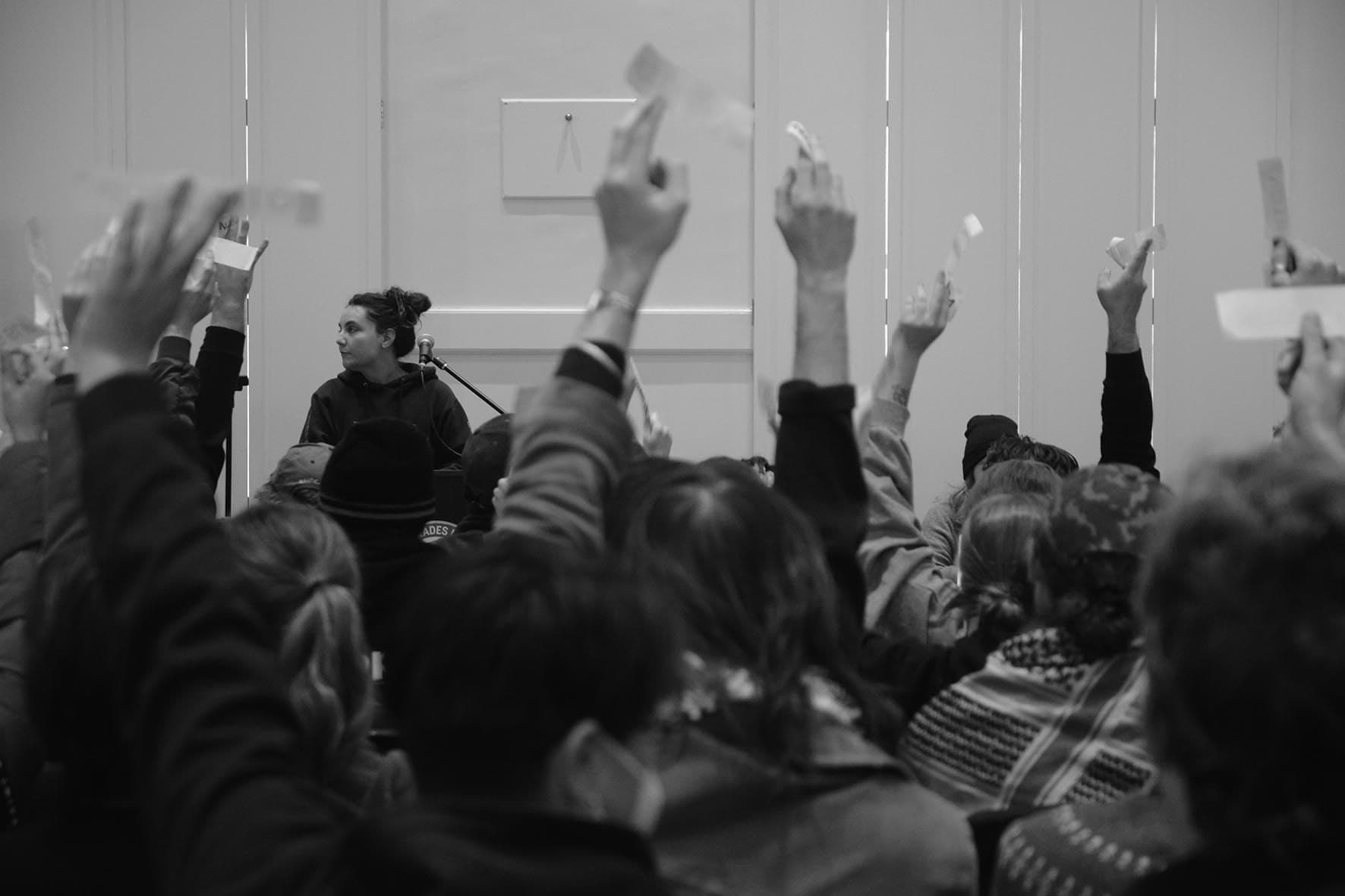 Conference attendees vote on a motion