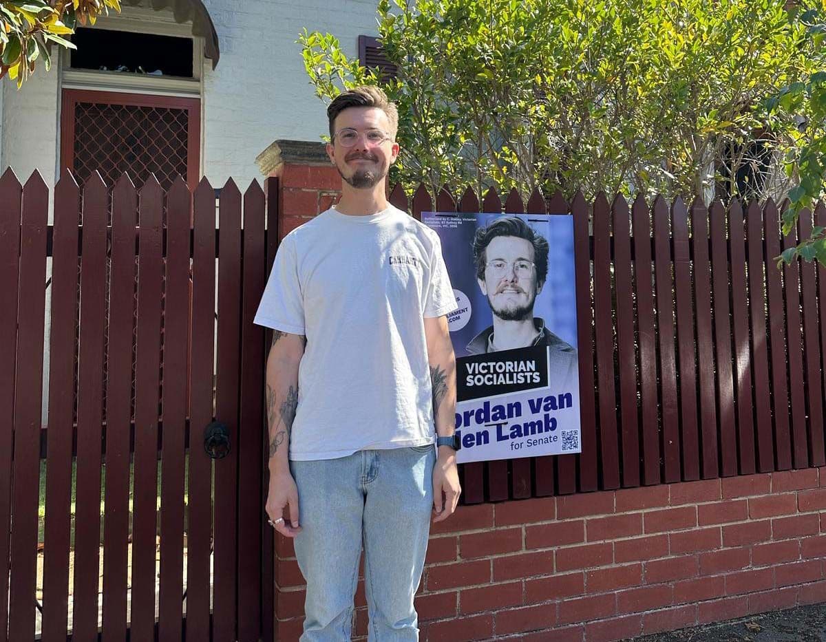 A Jordan van den Lamb yard sign with the real Jordan for scale